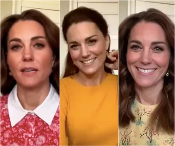 Kate Middleton in video calls, wearing different outfits: a red floral dress, a yellow top, and a patterned yellow dress.