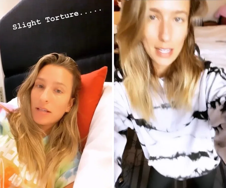 Woman in tie-dye and striped shirts sharing quarantine thoughts, with text "Slight Torture" above.