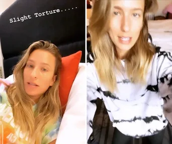 Woman in tie-dye and striped shirts sharing quarantine thoughts, with text "Slight Torture" above.