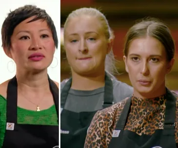 MasterChef 2020 contestants wearing aprons, with serious expressions, in a cooking competition setting.