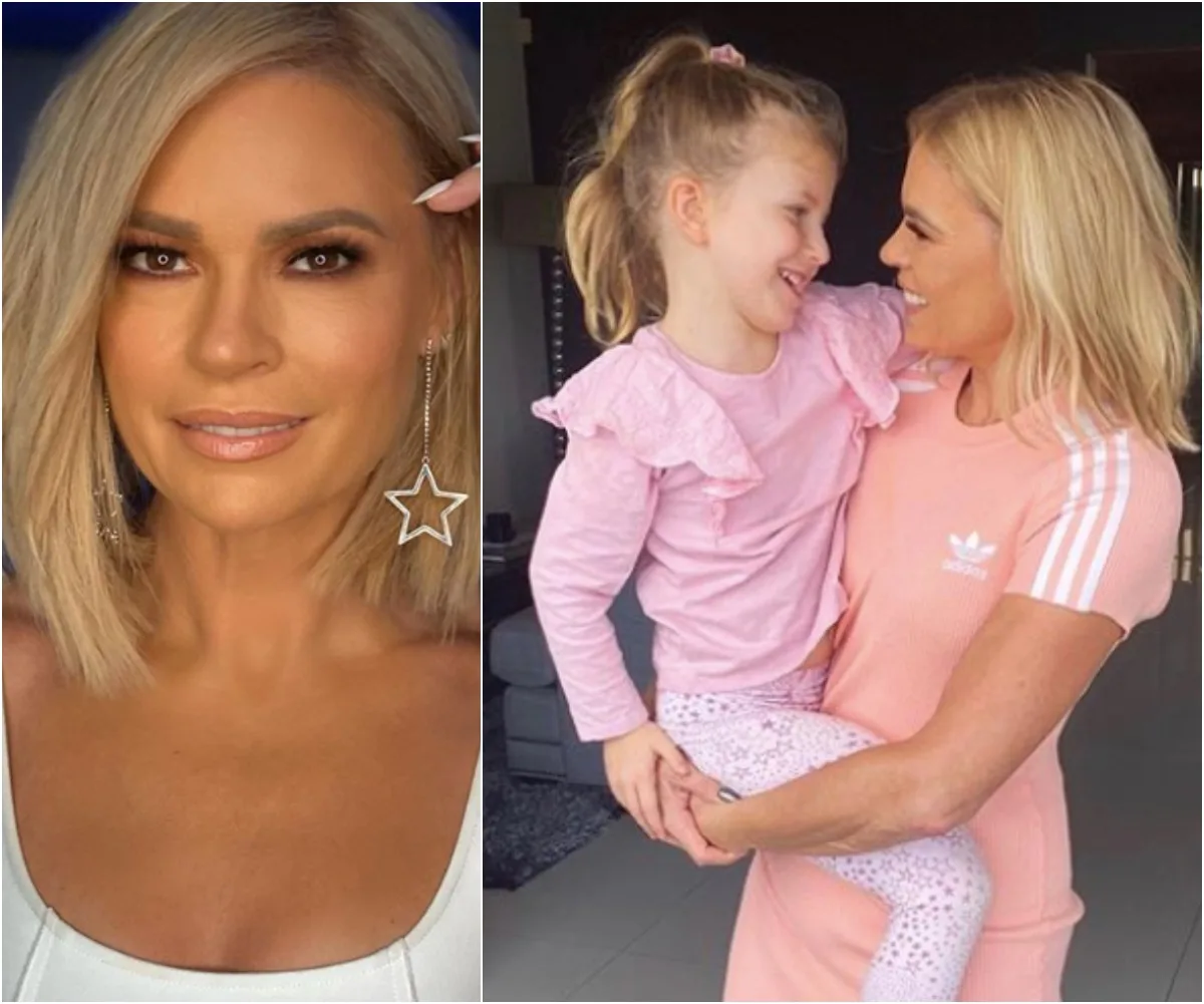 Portrait of a woman with star earrings; another image shows her smiling while holding a young girl dressed in pink.