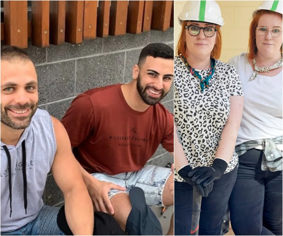Two men in casual clothes sitting outdoors and two women in construction gear and hard hats standing indoors.