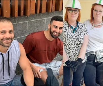 Two men in casual clothes sitting outdoors and two women in construction gear and hard hats standing indoors.
