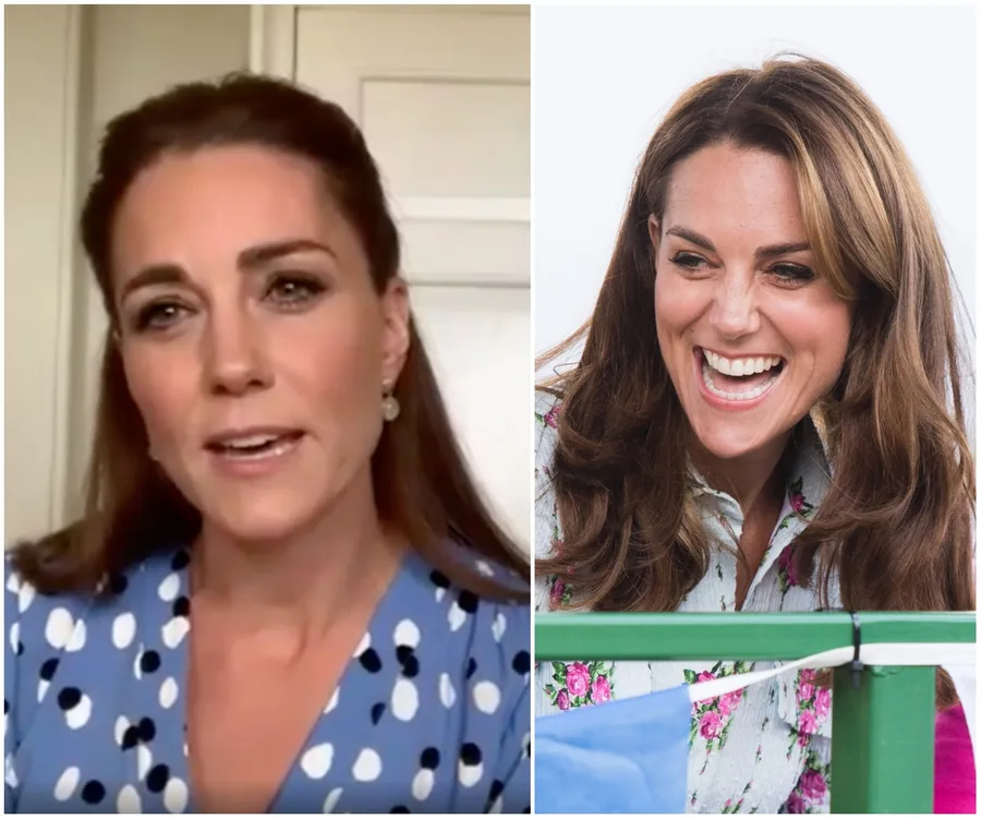 Kate Middleton in a blue polka dot dress in a video call, and smiling in a floral shirt outdoors.