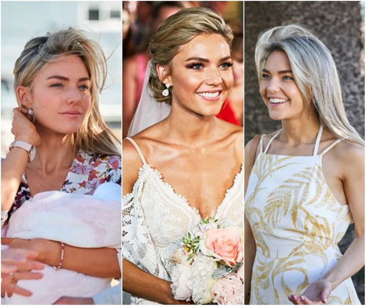 Three images of Jasmine Delaney from "Home and Away": holding a baby, dressed as a bride, and smiling outdoors.