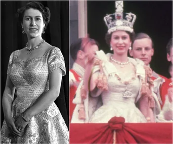 Queen Elizabeth II in coronation dress; left: smiling, wearing gown; right: in coronation robe and crown, waving.
