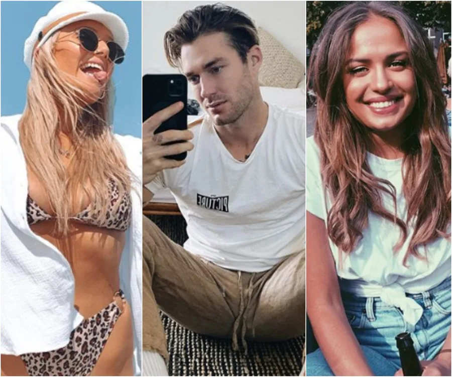 Group photo of three individuals; a woman in a bikini, a man taking a selfie, and a woman smiling in a white t-shirt.