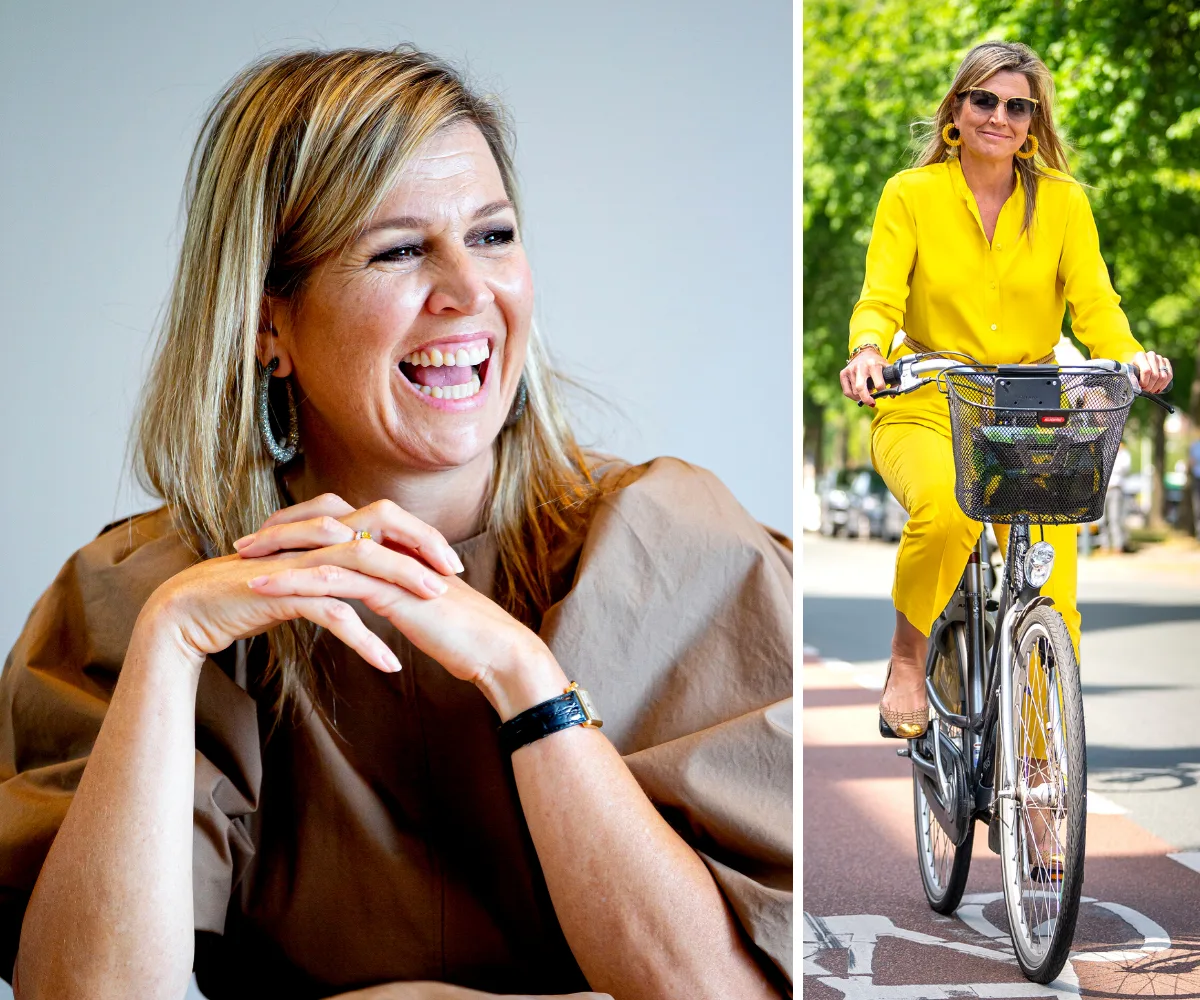 Two images showing a smiling woman, one in a brown outfit, the other in yellow, riding a bike on a sunny day.