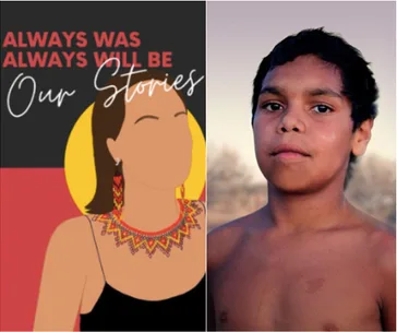 "Illustration with text 'Always Was Always Will Be Our Stories' and photo of a young boy outdoors."