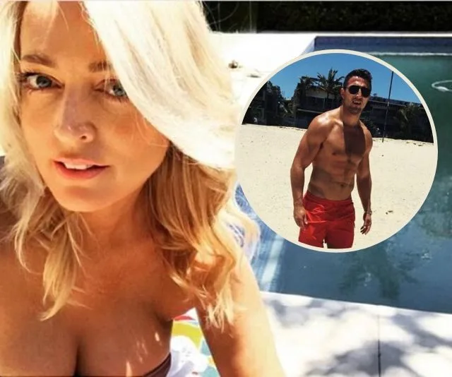 Woman by the pool with an inset of a shirtless man on the beach.