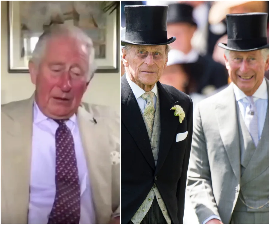 Prince Charles in a tan suit with a purple tie; next to a formal event with two men in top hats and suits.