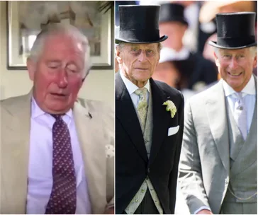 Prince Charles in a tan suit with a purple tie; next to a formal event with two men in top hats and suits.