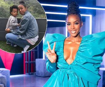 Kelly Rowland in a vibrant blue dress poses with a peace sign; inset shows her with her son outdoors.
