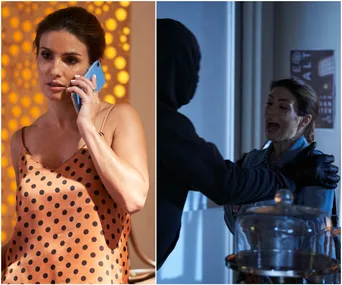 Leah talks on phone in polka dot dress; later assaulted by hooded figure in dark setting.