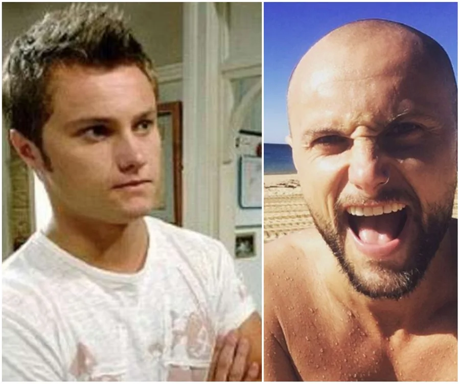 "Mark Furze in 'Home and Away' on left, alongside current beach photo on right, showing transformation."