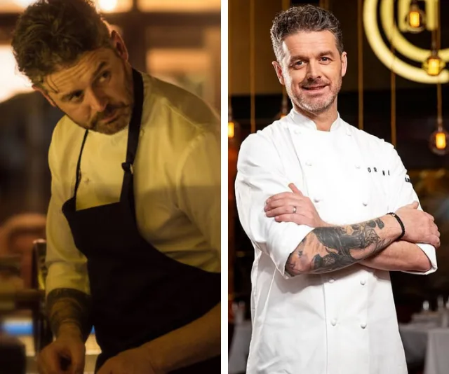 Two images of a chef in uniform, one cooking with focus, the other posing confidently, showcasing tattoos.