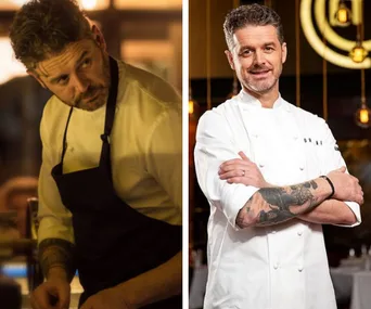 Two images of a chef in uniform, one cooking with focus, the other posing confidently, showcasing tattoos.
