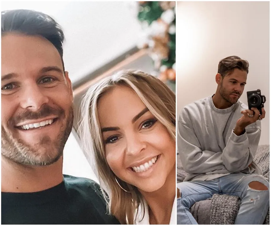 Two photos: Left, a smiling couple in a close-up selfie; Right, a man in casual clothes taking a mirror selfie.