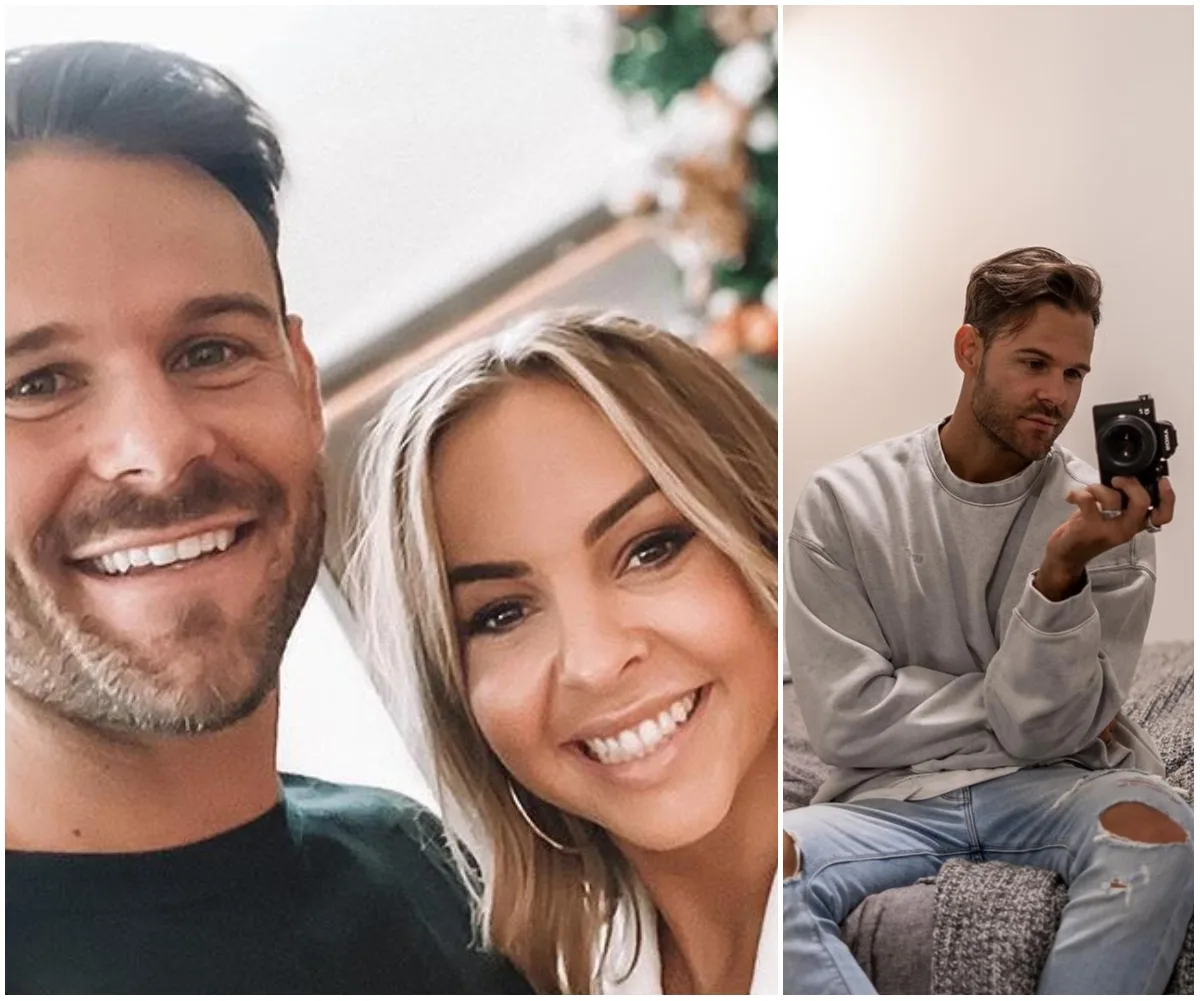 Two photos: Left, a smiling couple in a close-up selfie; Right, a man in casual clothes taking a mirror selfie.