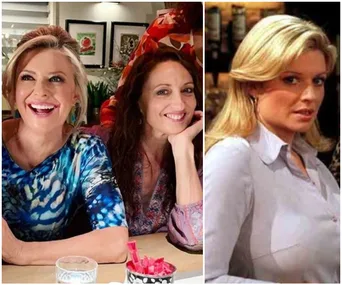 Two images show smiling women indoors, with one woman wearing a blue-patterned top and another with blonde hair in a white blouse.