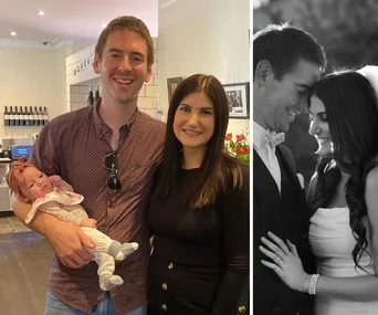 "Couple with baby in color; black-and-white wedding photo beside it, the couple smiling and embracing."