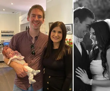 "Couple with baby in color; black-and-white wedding photo beside it, the couple smiling and embracing."