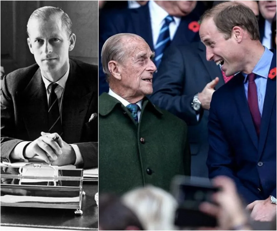 Two side-by-side images: on left, a black-and-white portrait of a young man; on right, an elderly man talking to a younger man in suits.