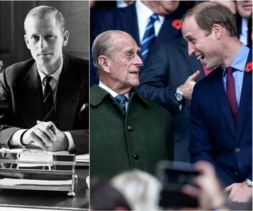 Two side-by-side images: on left, a black-and-white portrait of a young man; on right, an elderly man talking to a younger man in suits.