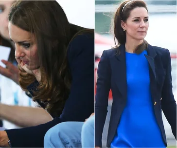 Two images of a woman in a blue outfit with a navy blazer, one sitting thoughtfully and the other standing outdoors.
