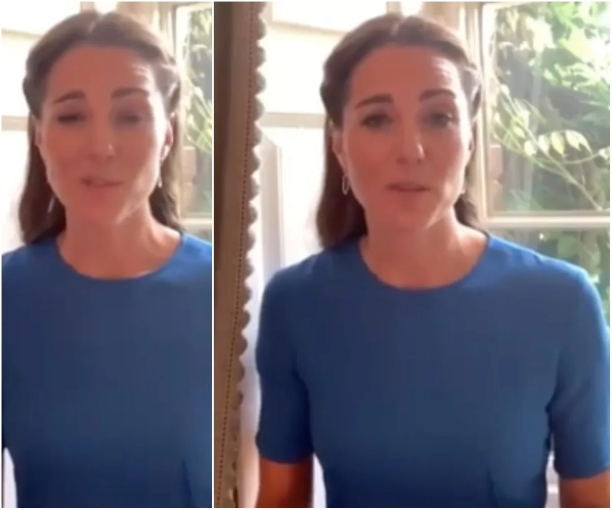 A woman in a blue dress speaks in a split-screen video near a window with greenery outside.