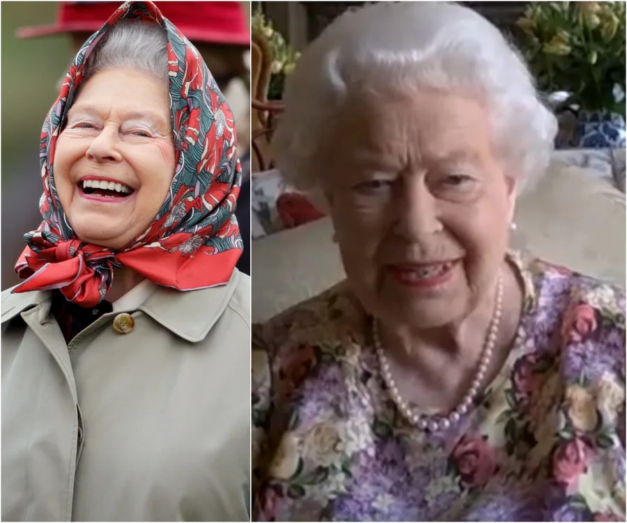 Elderly woman smiling in two photos, wearing a headscarf outdoors and a floral dress indoors during a video call.