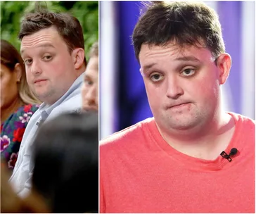 Split image of a man at an event in a blue shirt, and in a red shirt with a microphone on stage.