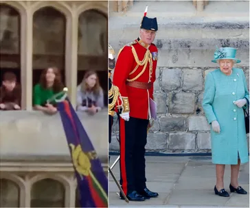 A traditional military ceremony with a royal figure in blue and others watching from a balcony.