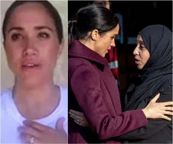 Meghan Markle speaking emotionally and consoling a woman in a hijab during a Grenfell Tower fire-related event.