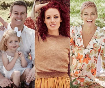 Three portrait images side by side: man with child, woman with curly hair, and woman in floral dress smiling.