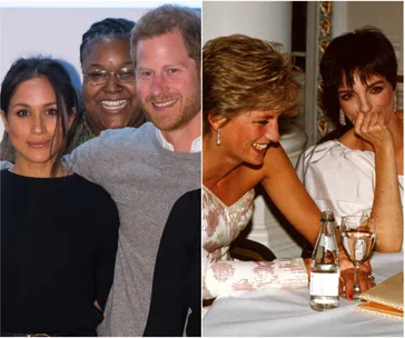 Meghan, Harry with a friend; Liza Minnelli with Princess Diana sharing a laugh.