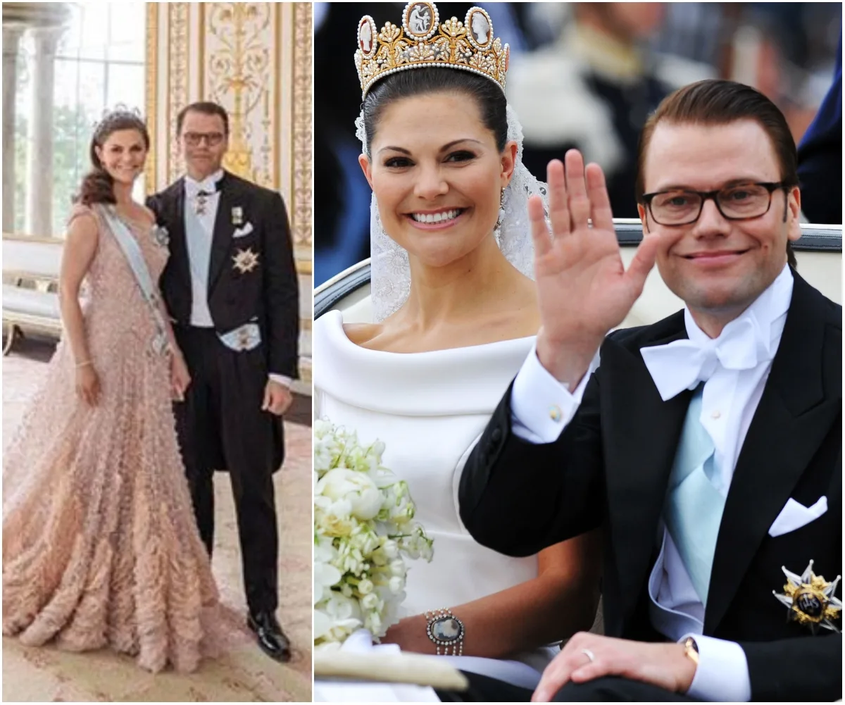 Crown Princess Victoria and Prince Daniel in formal attire, smiling and waving during their wedding day celebration.
