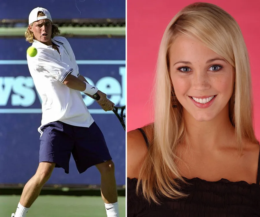 "Split image: Left, tennis player hitting ball; Right, smiling woman with blonde hair against pink background."
