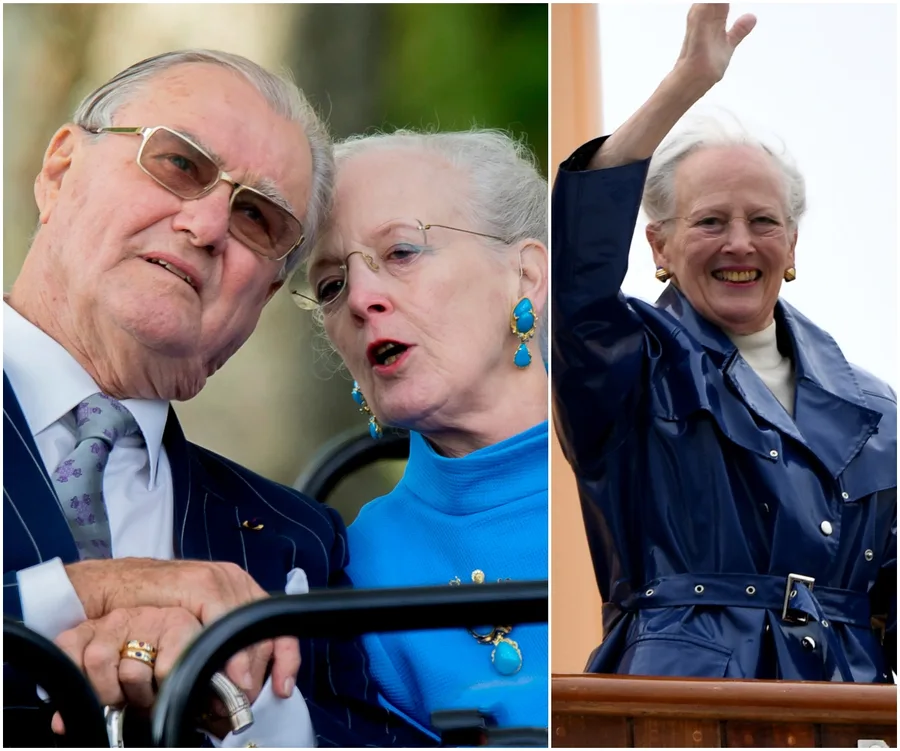 Danish queen talking to an elderly man; queen waving and smiling in a blue coat.