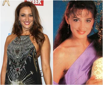 Two images side by side of a woman at different times; one in a formal dress and another in a purple outfit.