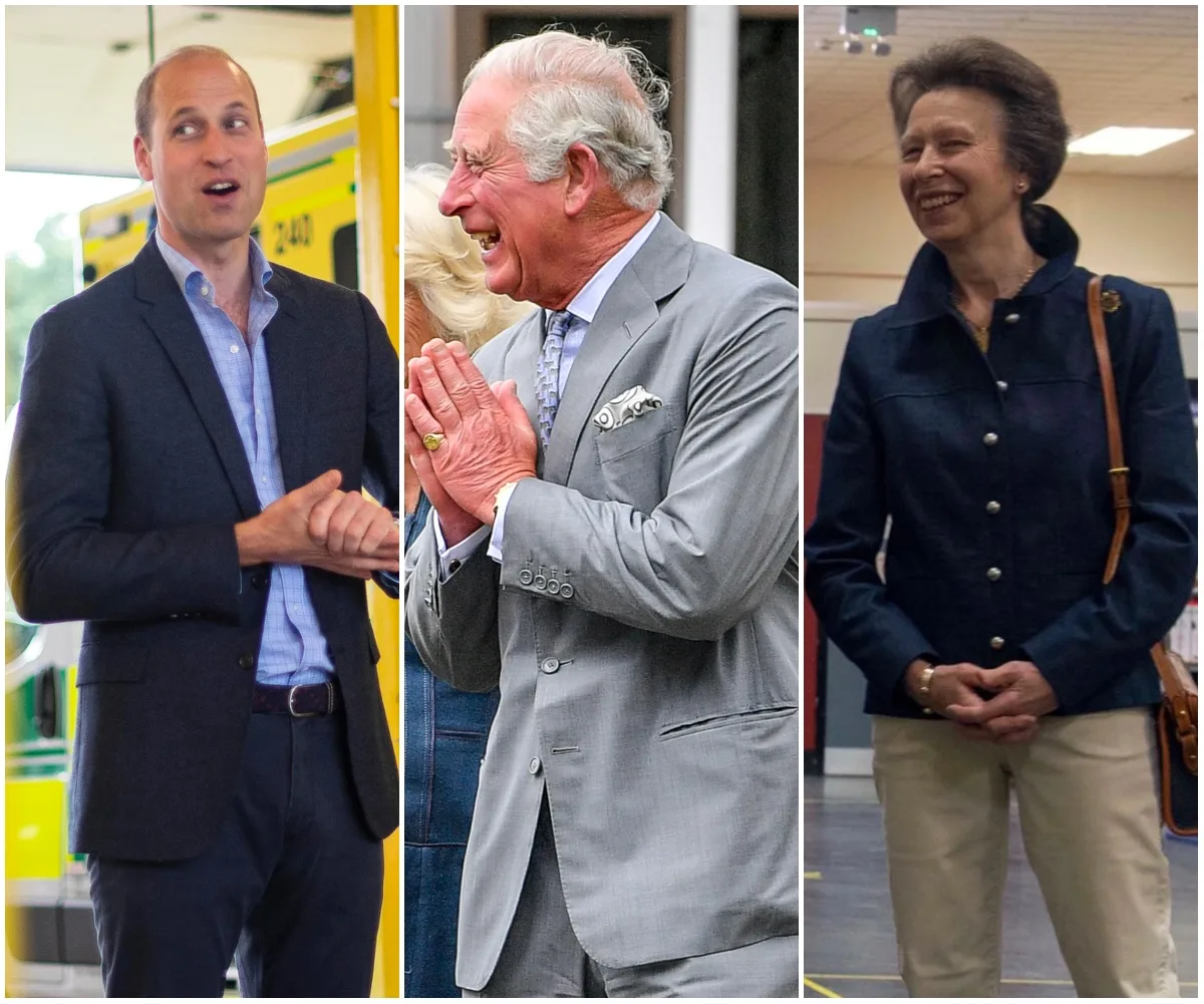 "Three royals smiling in separate candid shots, dressed in suits and casual jacket."