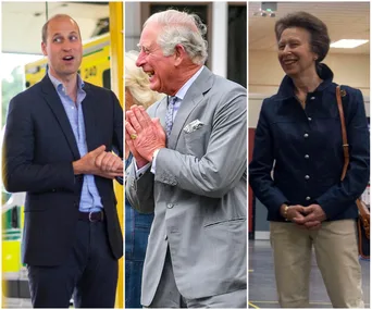 "Three royals smiling in separate candid shots, dressed in suits and casual jacket."