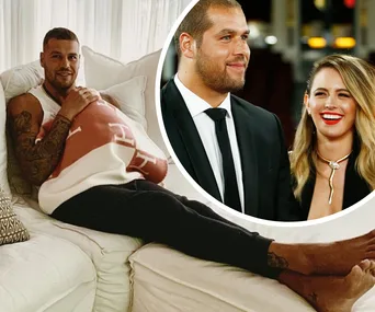 Man relaxing on couch holding baby, with inset of man in suit and woman smiling at event.