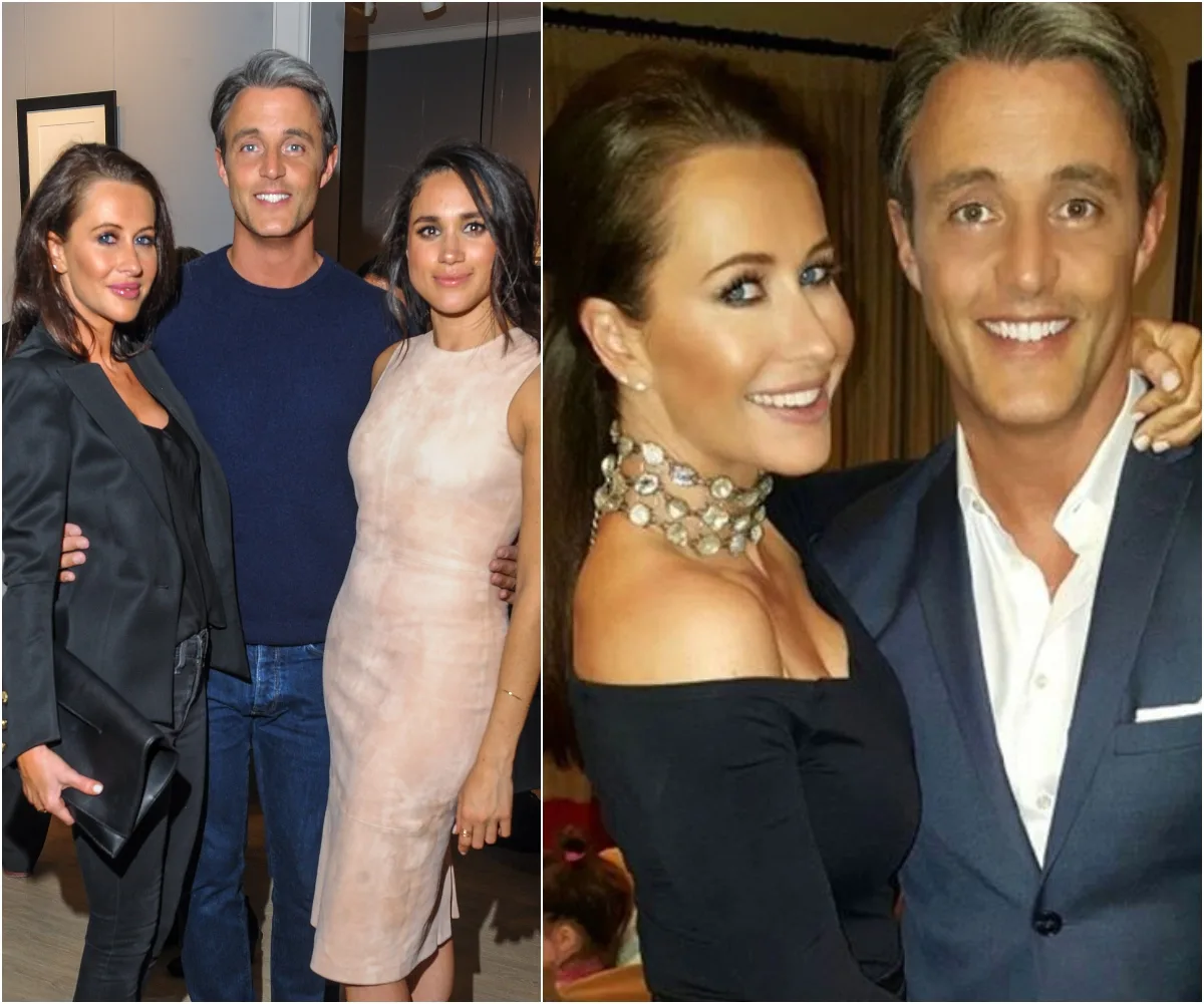 Group photo with three individuals on left; two smiling people embracing on right. Formal and casual attire.