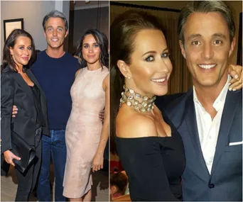 Group photo with three individuals on left; two smiling people embracing on right. Formal and casual attire.