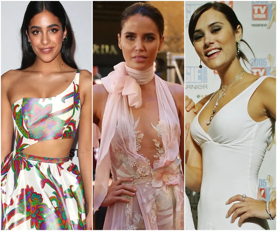 Three women posing at the Logie Awards; each wearing different elegant dresses, smiling at the camera.