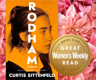 "Cover of 'Rodham' by Curtis Sittenfeld, featuring a profile of a young woman and a gold book club badge on pink flowers."