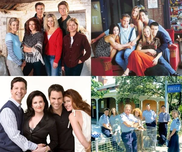 Groups of characters from different TV shows, depicting friendship and camaraderie in diverse settings.