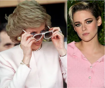 Princess Diana lifting sunglasses; Kristen Stewart in pink top, portraying Diana in "Spencer."