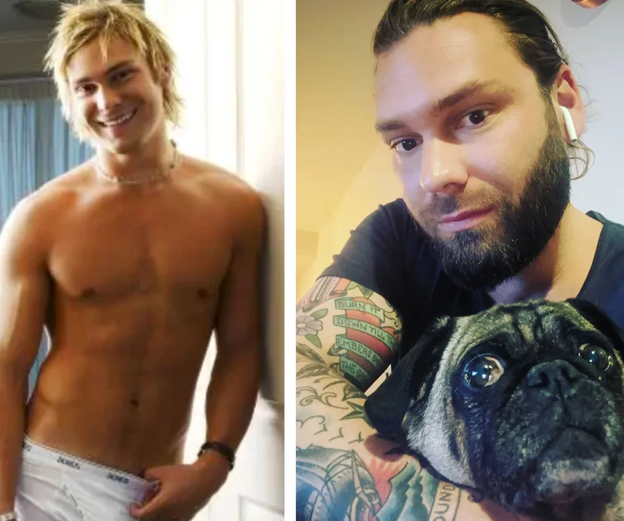 Two images side by side: Left shows a shirtless man with blond hair; right shows a bearded man with a pug, showing tattoos.